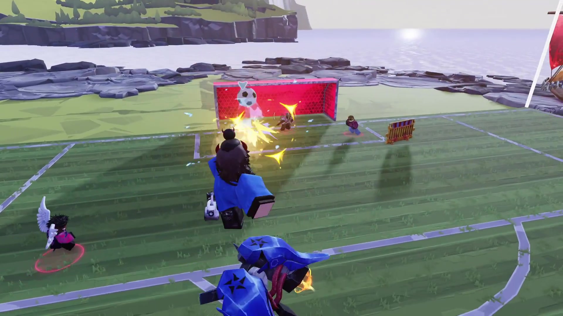 Illegal Soccer match: a blue team player fires toward a neon red goal on a coastal pitch