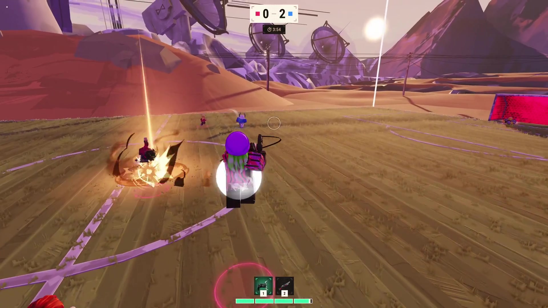 Illegal Soccer desert pitch with scoreboard, timer, gadget slots, and a magenta honeycomb goal