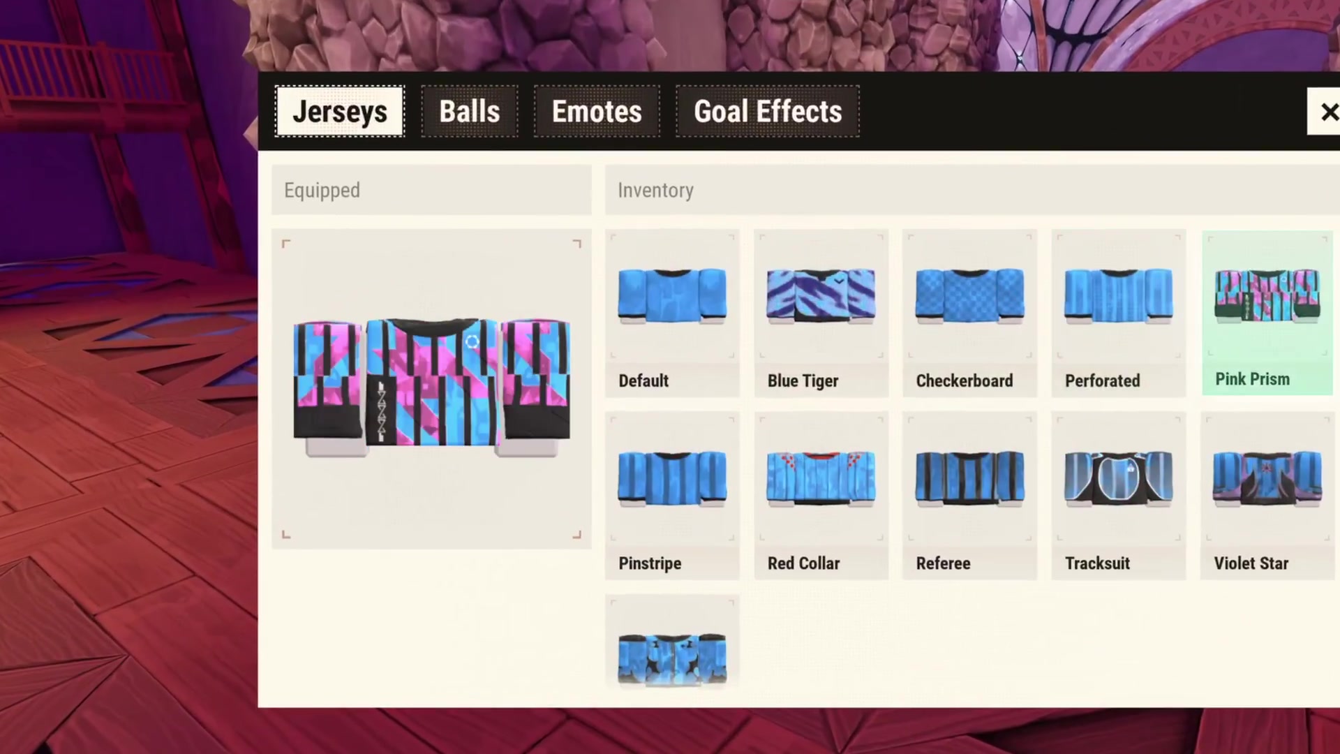 Illegal Soccer locker board showing jerseys, balls, emotes, and goal effects